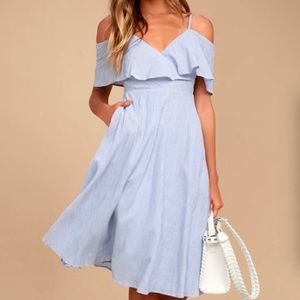 LULUs blue and white striped off shoulder dress